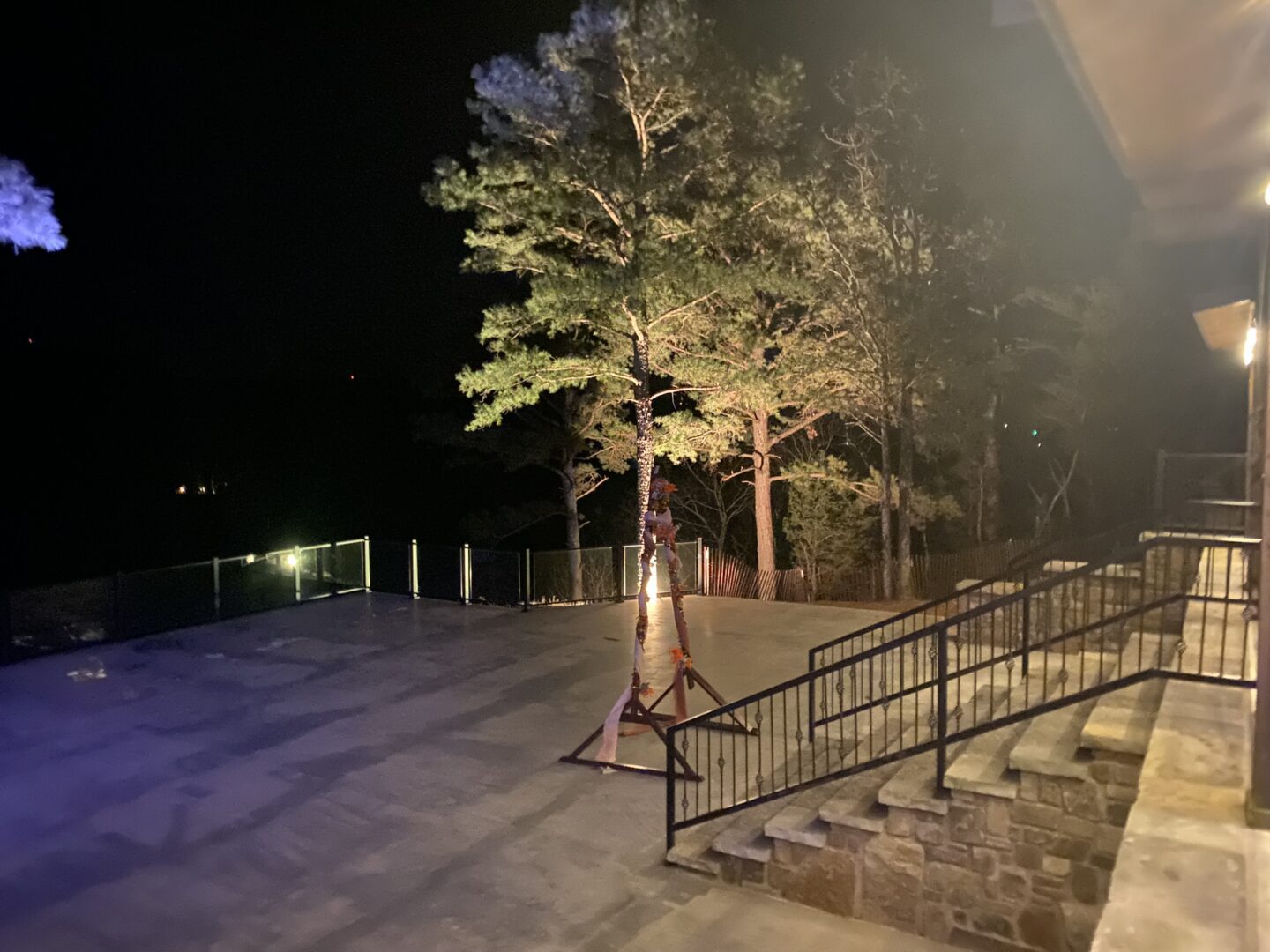 A person standing on the steps of a park at night.