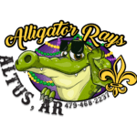 A cartoon alligator with sunglasses and mardi gras beads.
